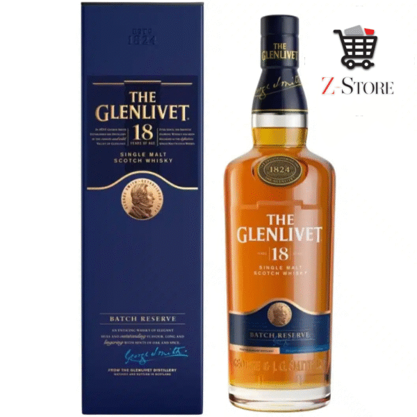glenlivet-18-zstorezw A bottle of The Glenlivet 18 Yrs 750mls stands next to its blue box with gold and white lettering. A Z Store logo featuring a shopping cart appears in the top right corner.