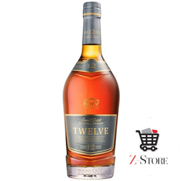kwv-12-brandy-zstorezw A bottle of KWV 12 Year Old Brandy 750ml with a gold and black label is set against a white background, featuring a Z-STORE shopping cart logo in the bottom right corner.