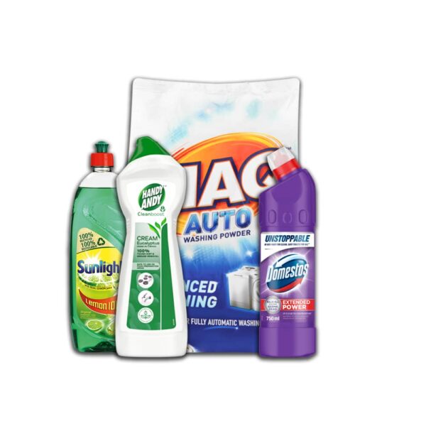 singles-cleaning-hamper-zstorezw The Singles Cleaning Hamper, featuring four household cleaners, is arranged upright against a white background.