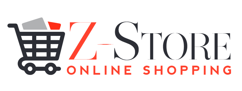 Logo for Z-Store Online Shopping featuring a shopping cart icon with red and gray items, alongside bold text reading Z-Store and Online Shopping in black and red.